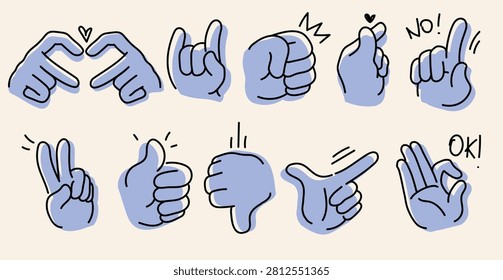 Doodle hand gesture icons set isolated on background. Vector illustration of human palms and fingers in various poses, sign language, line art peace, thumbs-up, dislike and fist bump, love signs
