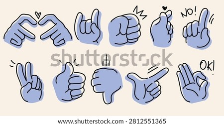 Doodle hand gesture icons set isolated on background. Vector illustration of human palms and fingers in various poses, sign language, line art peace, thumbs-up, dislike and fist bump, love signs