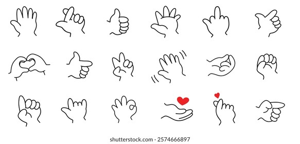 Doodle hand gesture set. Children's hands. Different gestures okay, thumb up, peace, pointing, love, waving hand. Hand drawn illustration.