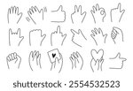 Doodle hand gesture set. Different gestures okay, thumb up, peace, pointing, love, waving hand. Hand drawn Vector illustration.