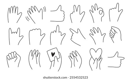 Doodle hand gesture set. Different gestures okay, thumb up, peace, pointing, love, waving hand. Hand drawn Vector illustration.