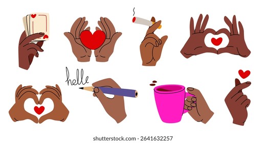 Doodle hand gesture set - diverse skin tone arms showing hold actions. Playing cards, heart shape, cigarette, writing pencil, coffee mug and finger symbols for communication and love expression.