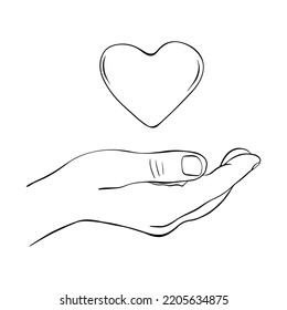 Mano de garabato con forma de corazón por encima. Símbolo de donación aislado en fondo blanco. Ilustración vectorial.