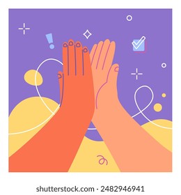 Doodle hand. High five clap. Abstract geometric shapes. Color arms gesture. Negotiation handshake. Big palms touch. Choice checkmarks. Deal agreement. Partnership slap. Vector creative square card