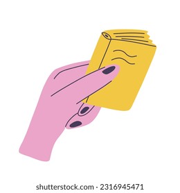 Doodle hand holding book. Concept book sharing, recycling old things. Hand drawn vector illustration for postcards, invitations, posters, media
