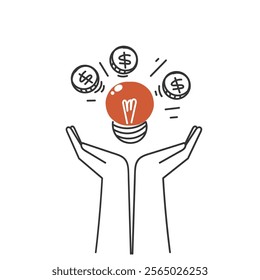 doodle hand holding bulb and money come out of it