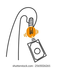 doodle hand holding bulb and money come out of it