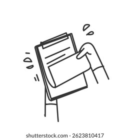 mão doodle segurando desenho animado na área de transferência