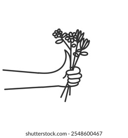 doodle hand holding flower in drawn sketch style