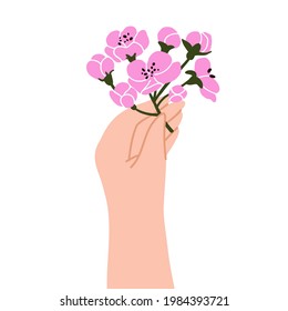 doodle hand holding flower isolated on white background. hand drawn pear inflorescence. design for postcard, cover, poster.