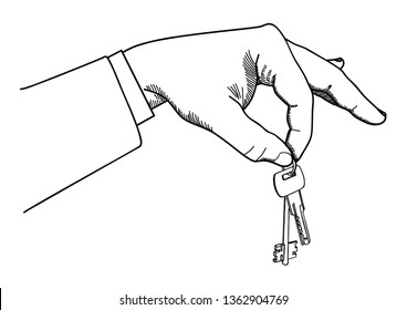Doodle, Hand Holding a Key, Illustration for Rent / Sale/ Buy / Offer / Borrow Property or Transportation