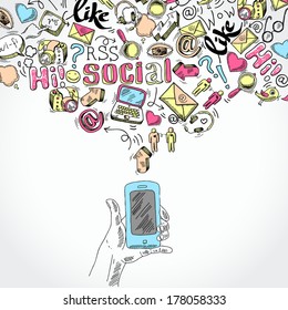 Doodle hand holding mobile smartphone with blog social media and communication applications symbols vector illustration