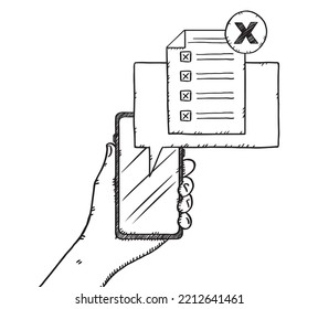 Doodle de mano que sostiene un teléfono con una lista de verificación y marcas de verificación equivocadas que se muestran en la pantalla del móvil. La mano está sosteniendo un teléfono. Archivo vectorial de estilo de esbozo.