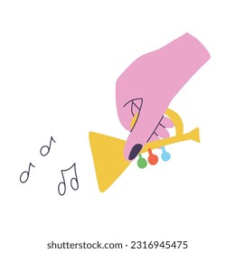 Doodle hand holding saxophone. Concept of sharing old toys, recycling old things. Hand drawn vector illustration for postcards, invitations, posters, media