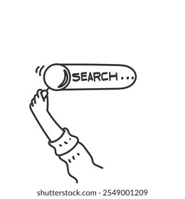 mão doodle segurando a lupa da barra de pesquisa