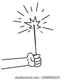 doodle hand holding sparklers firework in hand drawn sketch