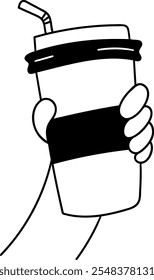 A doodle of a hand holding a takeaway coffee cup, great for coffee shop branding and drink icons.