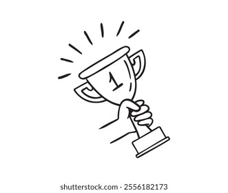 Doodle hand holds champions cup cartoon. hand drawn sketch style winner cup concept design. Vector illustration