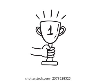 Doodle hand holds champions cup cartoon. hand drawn sketch style winner cup concept design. Vector illustration