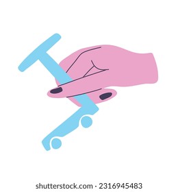 Doodle hand holds a scooter. Concept of sharing old toys, recycling old things. Hand drawn vector illustration for postcards, invitations, posters, media