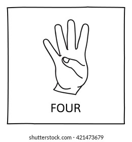 Doodle Hand icon. Four fingers. Isolated on white. Graphic element for teaching math to young children. School printout. Great for showing numbers in a fun and creative way. Vector illustration.