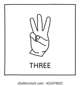 Doodle Hand icon. Three fingers. Graphic element for teaching math to young children. School printout. Palm symbol. Great for showing numbers in a fun and creative way. Vector illustration.
