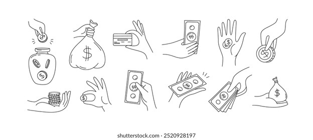 Doodle hand with money. Hand drawn hands holding coins, cash dollar bills, money bag and credit card. Financial savings, donations and cash flow vector set.