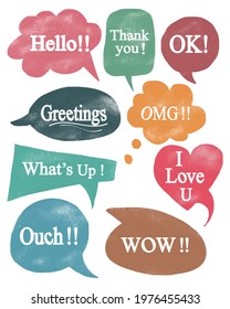 doodle Hand painted set of speech bubbles with handwritten phrases hello, wow, omg. vector illustration