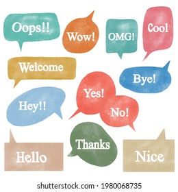 doodle Hand painted set of speech bubbles with handwritten phrases hello, wow, omg. vector illustration