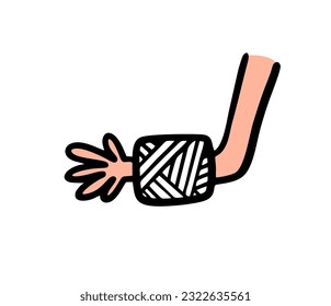 Doodle hand with a wound tied in the hospital by a doctor. Vector illustration of cartoon sick problem and medical plaster. Hand drawn stick figure character isolated on white background.