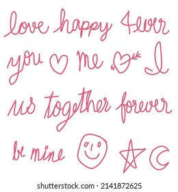 Doodle of hand writing message for Valentine’s Day vector, red text on white background vector, love quote for Valentine’s Day, flat design of love message vector,