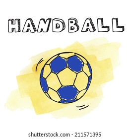 Doodle handball  ball on yellow watercolor background