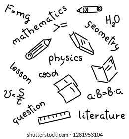 Doodle hand-drawing. Names of school subjects, formulas, books, notebooks, pencils. Background.Vector illustration