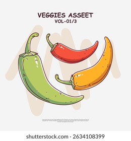 Doodle hand-drawing vector of veggies featuring green, red, and yellow chili peppers. Fun, sketch-style illustration in EPS10 format. Perfect for food designs, cooking themes, packaging, and organic