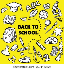 Doodle handdrawn cartoon of back to school pack in vector line art illustration