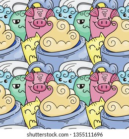 Doodle hand-drawn cartoon with smiles and taste, coffee shop theme seamless pattern. Kawaii detailed, with lots of objects vector background