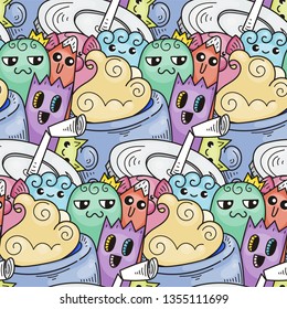 Doodle hand-drawn cartoon with smiles and taste, coffee shop theme seamless pattern. Kawaii detailed, with lots of objects vector background
