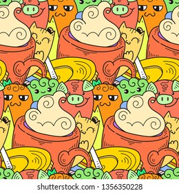 Doodle hand-drawn cartoon with smiles and taste, coffee shop theme seamless pattern. Kawaii detailed, with lots of objects vector background