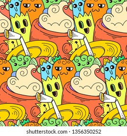 Doodle hand-drawn cartoon with smiles and taste, coffee shop theme seamless pattern. Kawaii detailed, with lots of objects vector background
