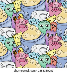 Doodle hand-drawn cartoon with smiles and taste, coffee shop theme seamless pattern. Kawaii detailed, with lots of objects vector background