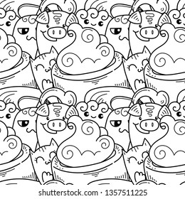 Doodle hand-drawn cartoon with smiles and taste, coffee shop theme seamless pattern. Kawaii detailed, with lots of objects vector background for coloring pages
