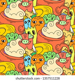 Doodle hand-drawn cartoon with smiles and taste, coffee shop theme seamless pattern. Kawaii detailed, with lots of objects vector background