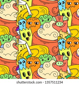 Doodle hand-drawn cartoon with smiles and taste, coffee shop theme seamless pattern. Kawaii detailed, with lots of objects vector background