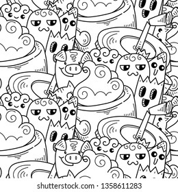 Doodle hand-drawn cartoon with smiles and taste, coffee shop theme seamless pattern. Kawaii detailed, with lots of objects vector background for coloring pages