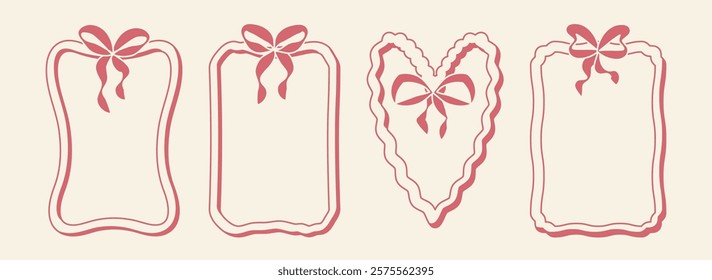 Doodle hand-drawn coquette Valentine's Day frames with pink ribbons, bows and laces. Concept of love, wedding and marriage. Vector retro elements for invitation, poster, banner.