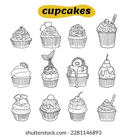 Doodle Handdrawn Cupcakes Elements Set