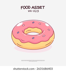 Doodle hand-drawn donut vector with pink strawberry glaze and chocolate sprinkles topping. Fun, cute, and colorful EPS10 vector asset perfect for food designs, menus, prints, stickers, and digital art
