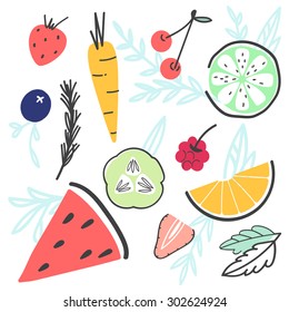 Doodle hand-drawn food set with various fruit and vegetables