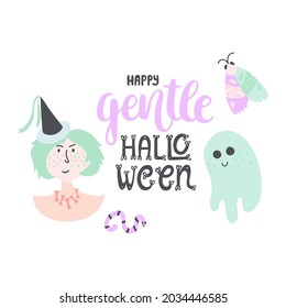 Doodle hand-drawn illustrations - witch, ghost, moth, worm. With lettering and calligraphy - Hello gentle Halloween. Design in trendy pastel colors. Cute vector greeting card. Vector isolated on white