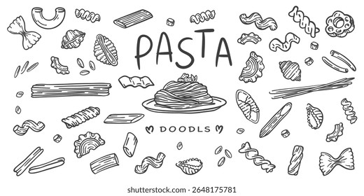 Faça um doodle com um conjunto de ícones desenhados à mão. Inclui espaguete, vermicelli, macarrão, conchas, chifres e farfalle. Esboço de farinha de trigo clipart. Coleção de ilustrações de linha de vetor.
(194 символи)